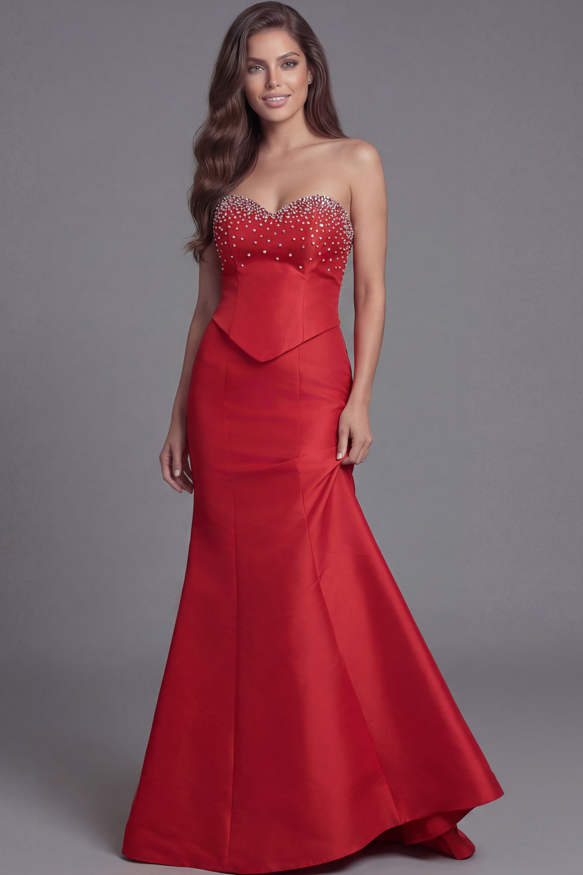 Strapless formal gown with embellished neckline and fitted silhouette