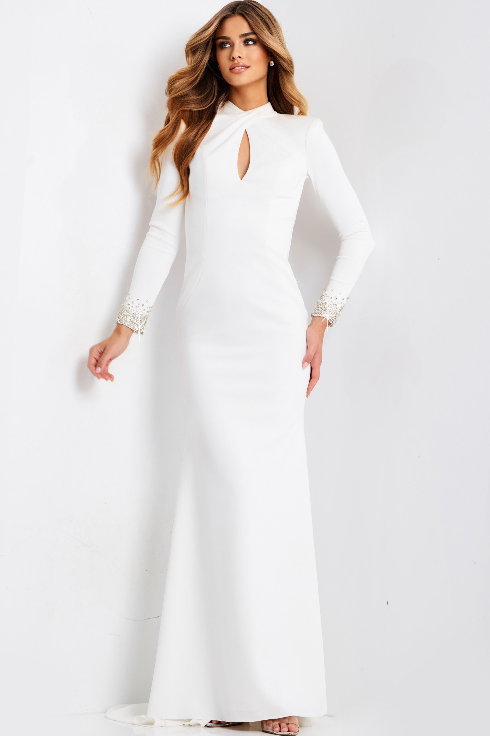 Long sleeve open back prom dress with beaded cuffs