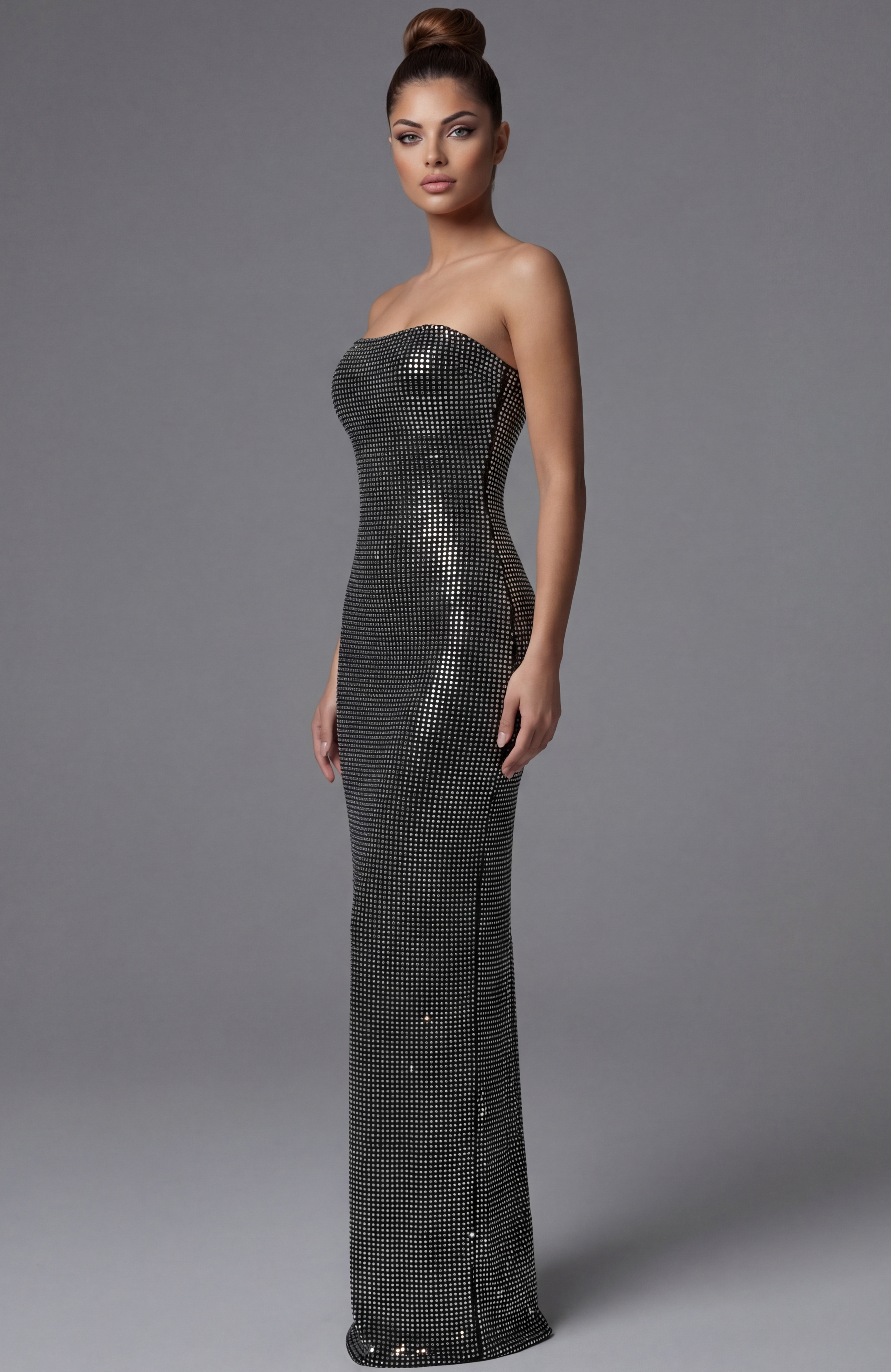 Strapless column gown with crystal mesh fabric and fitted silhouette