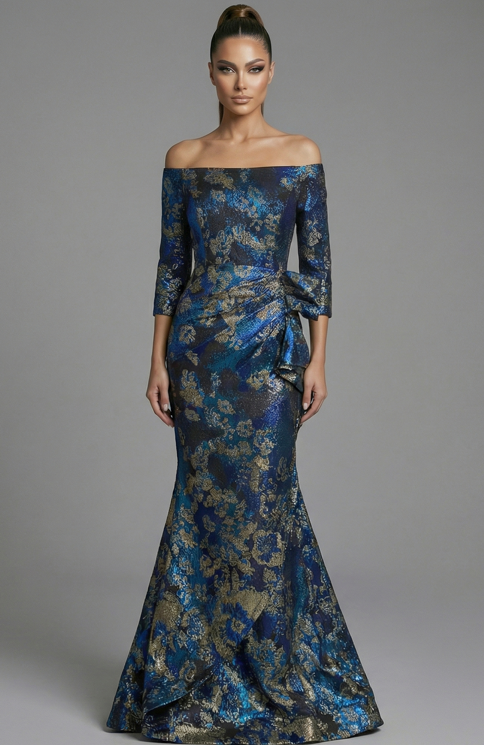 f shoulder brocade gown with draped waist and fitted silhouette