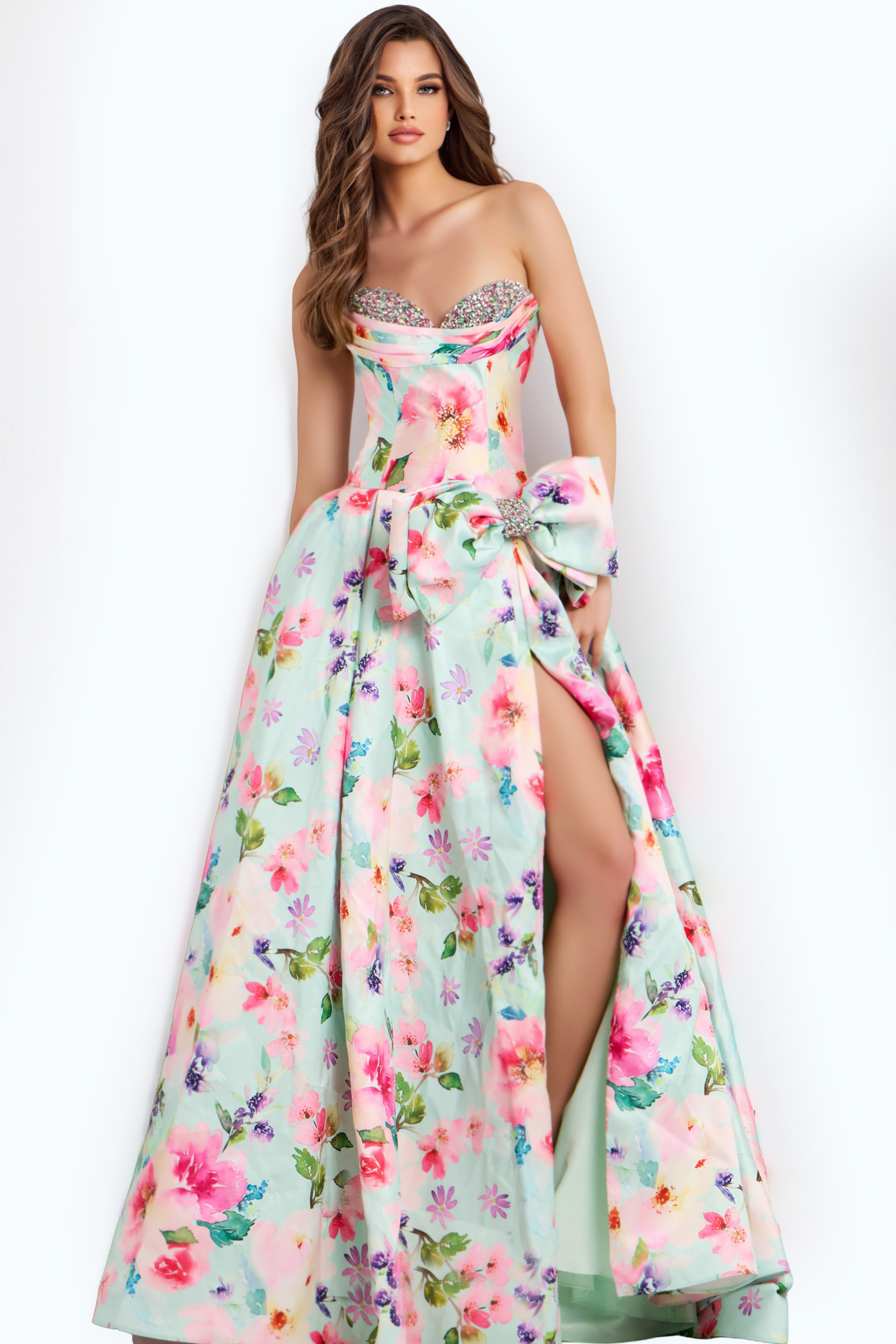 Sweetheart Floral Gown With Beaded Neckline