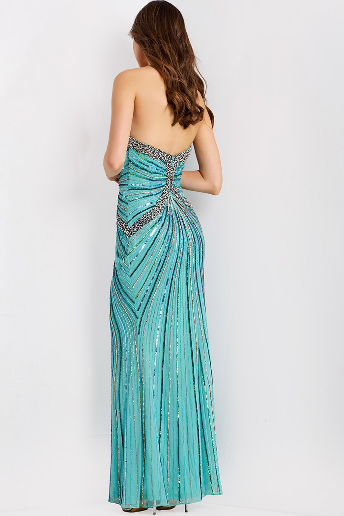 Sparkling strapless gown featuring plunging neckline