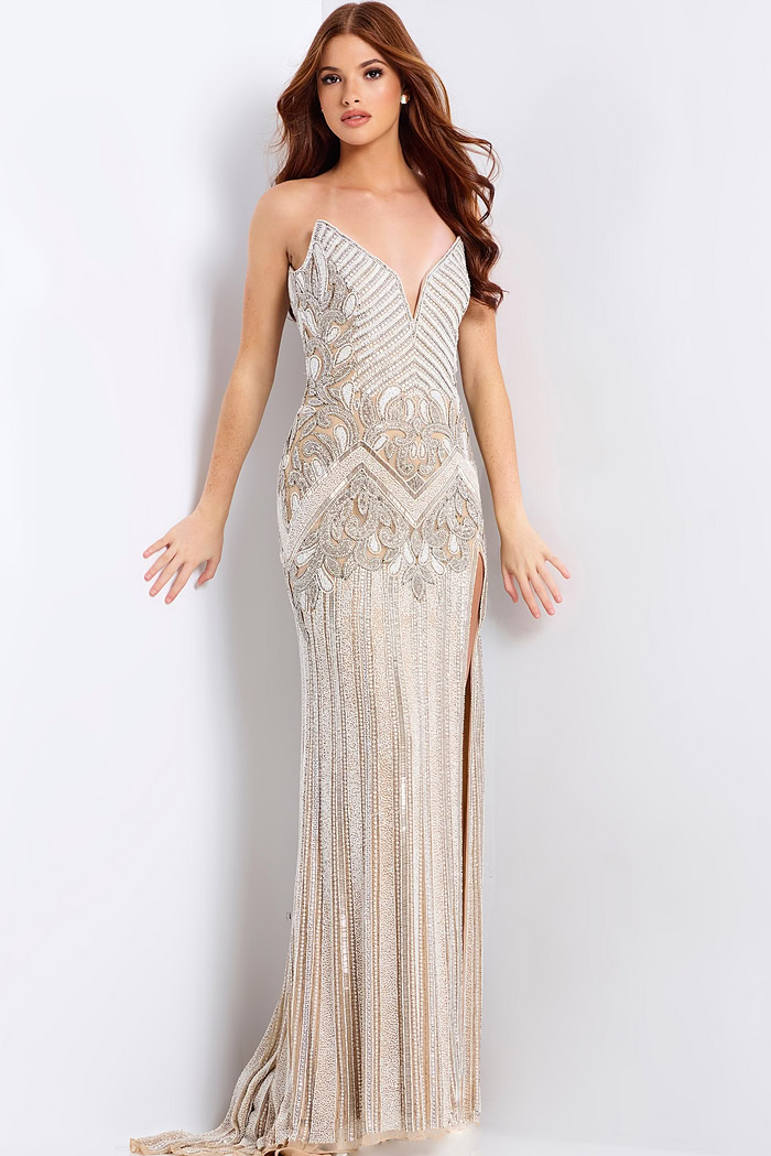 nude beaded high slit dress 49248