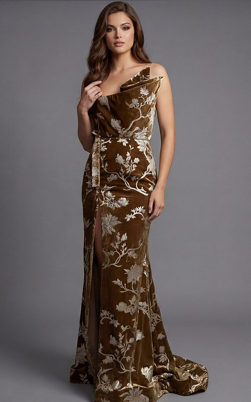 Floor length velvet gown with floral brocade fabric and clean straight silhouette