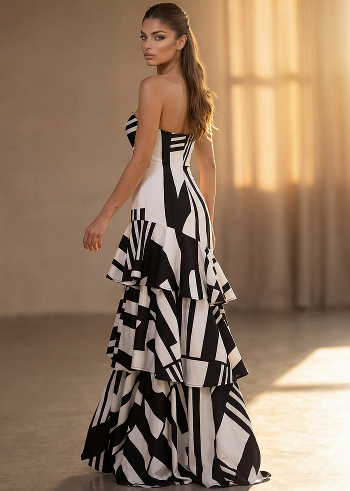 Bold black and white pattern gown with ruffle tiered skirt