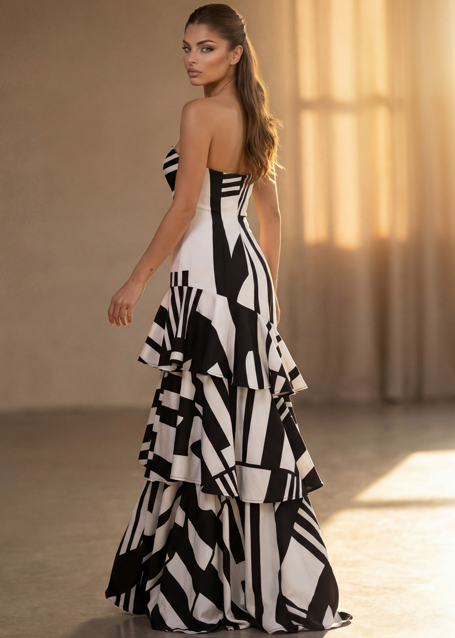 Bold black and white pattern gown with ruffle tiered skirt