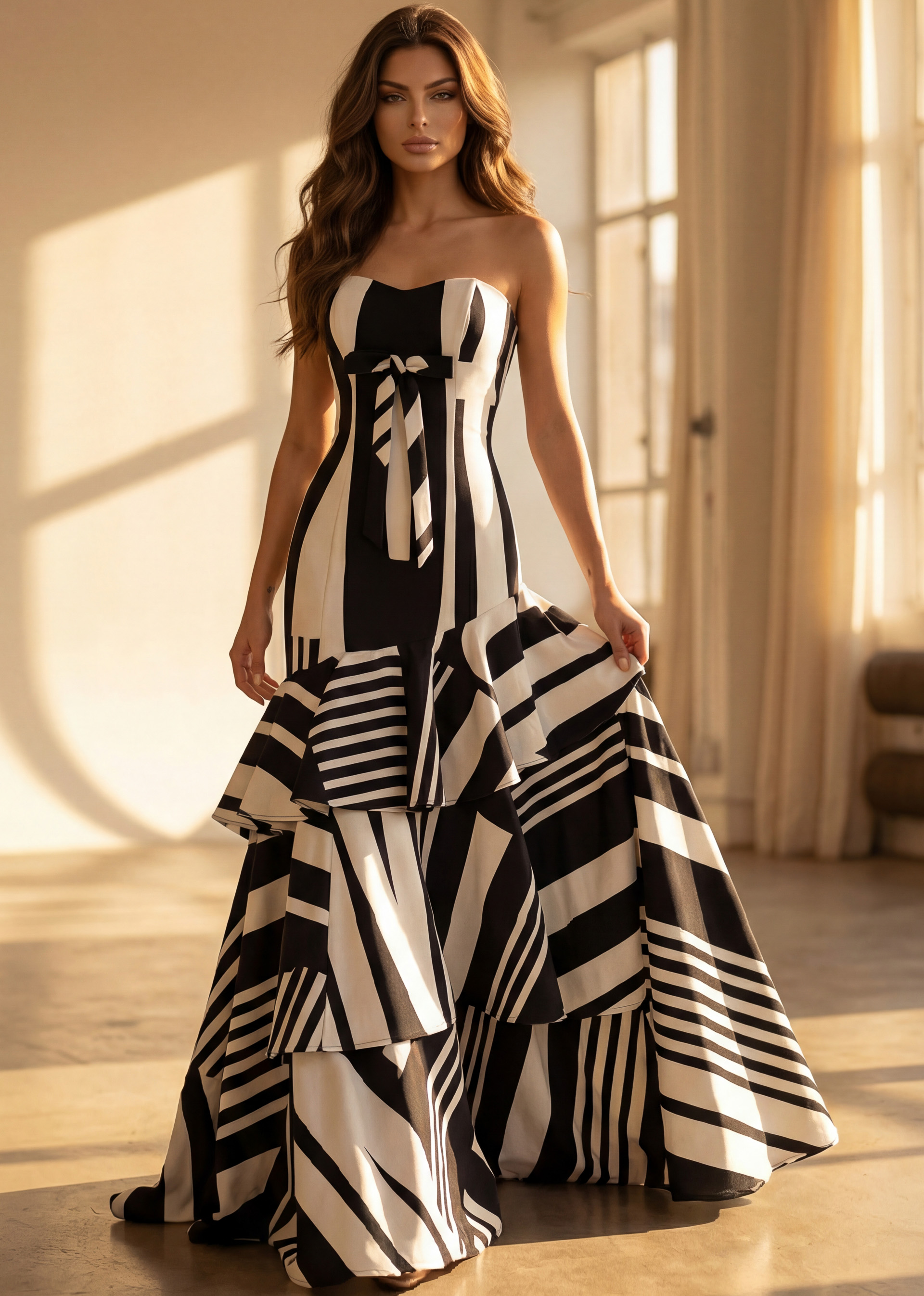 Elegant strapless geometric print gown with cascading tiers