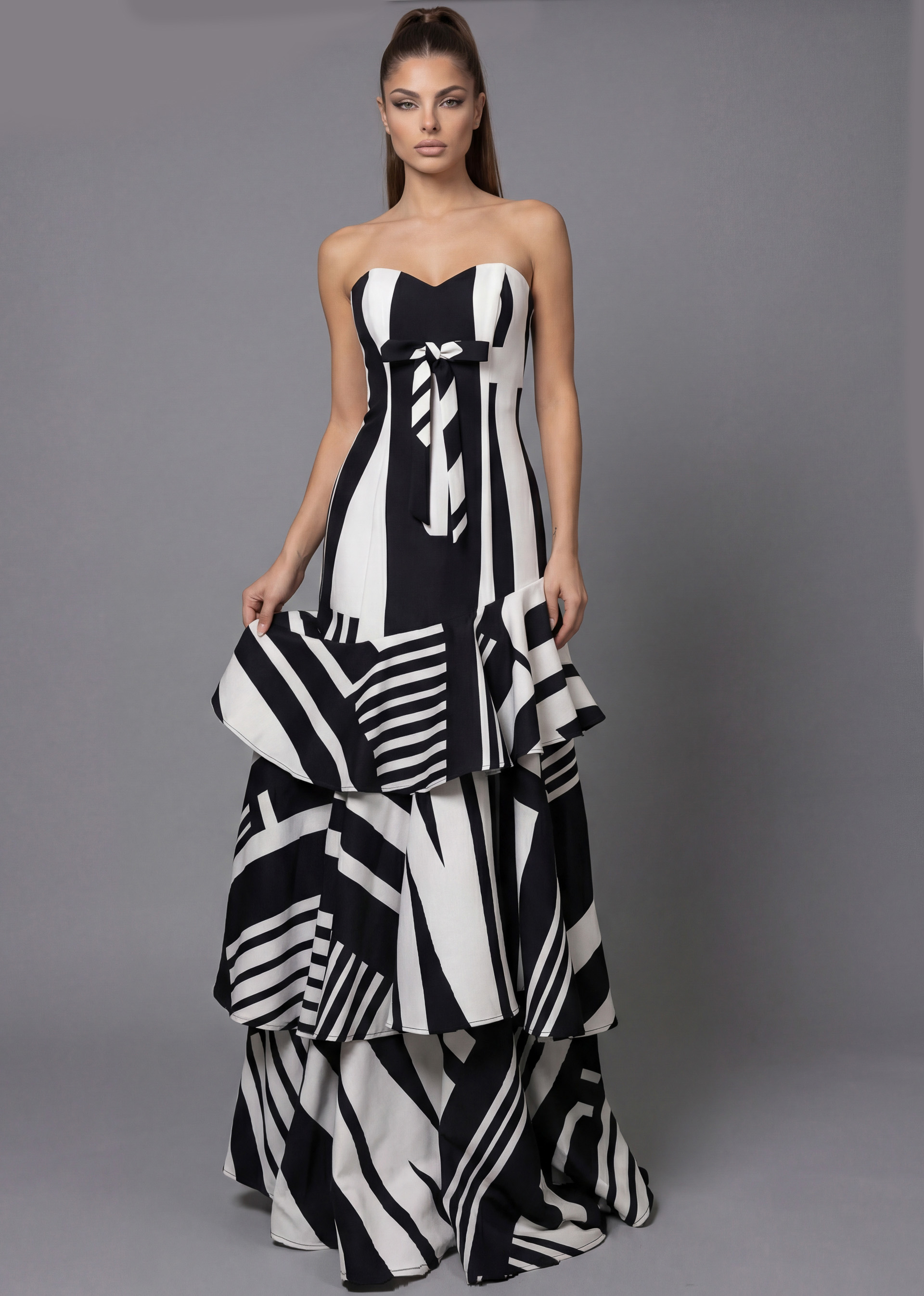 Chic strapless designer gown with striking geometric print and layered hem