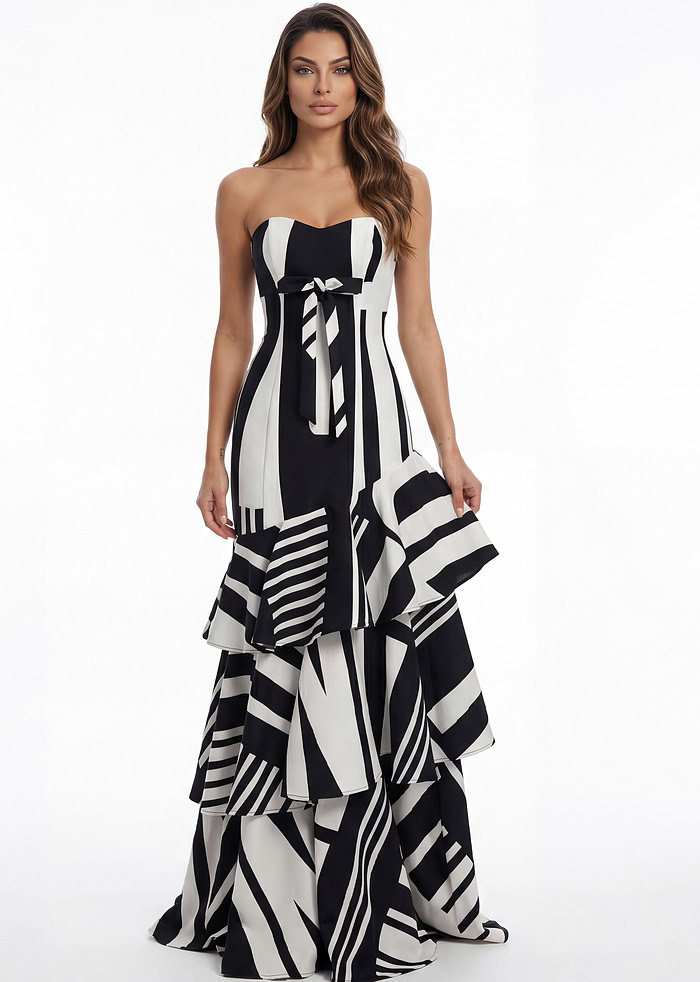 Strapless black and white patterned tiered gown
