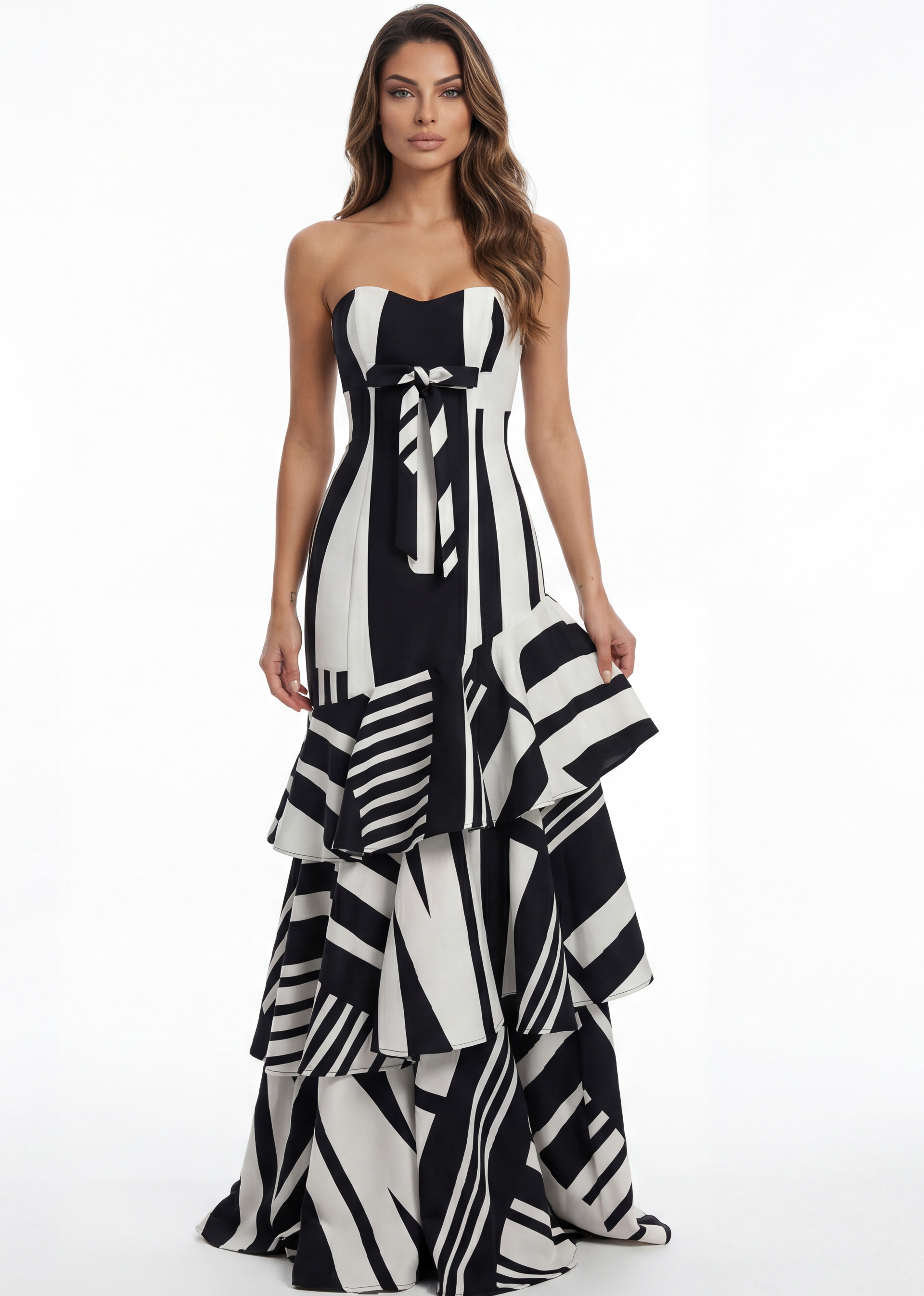 Strapless black and white patterned tiered gown