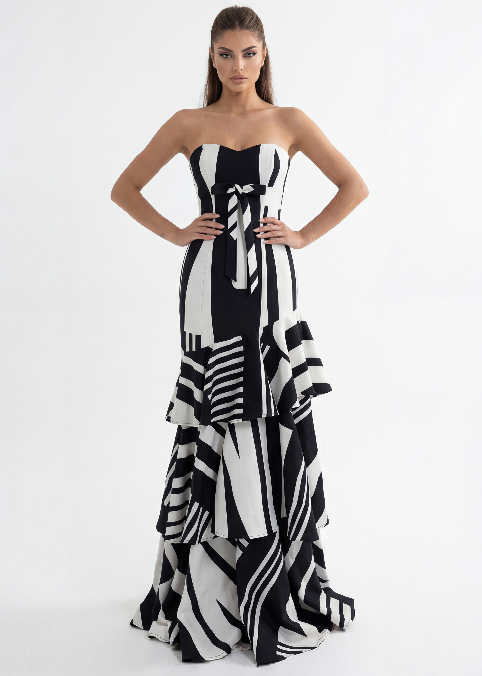Strapless statement print gown with dramatic tiered skirt