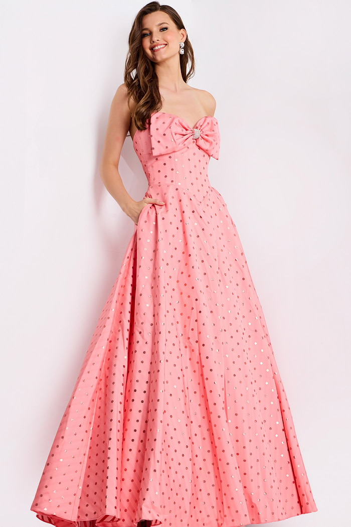 strapless ball gown featuring metallic polka dots 49340