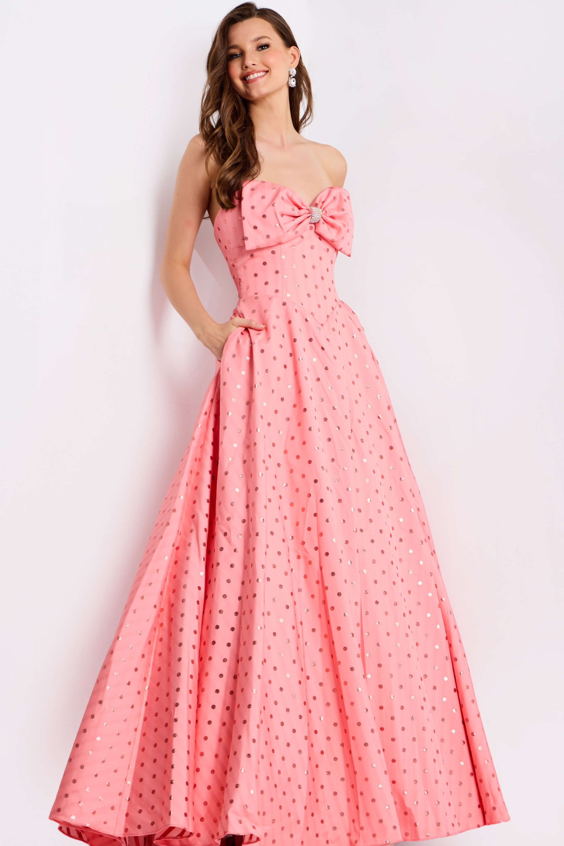 strapless ball gown featuring metallic polka dots 49340