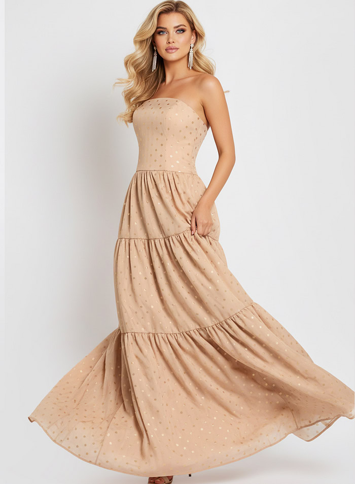 Strapless Tiered Ball Gown with Polka Dot Detail 49341