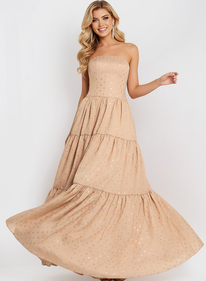 Strapless Tiered Ball Gown with Polka Dot Detail 49341