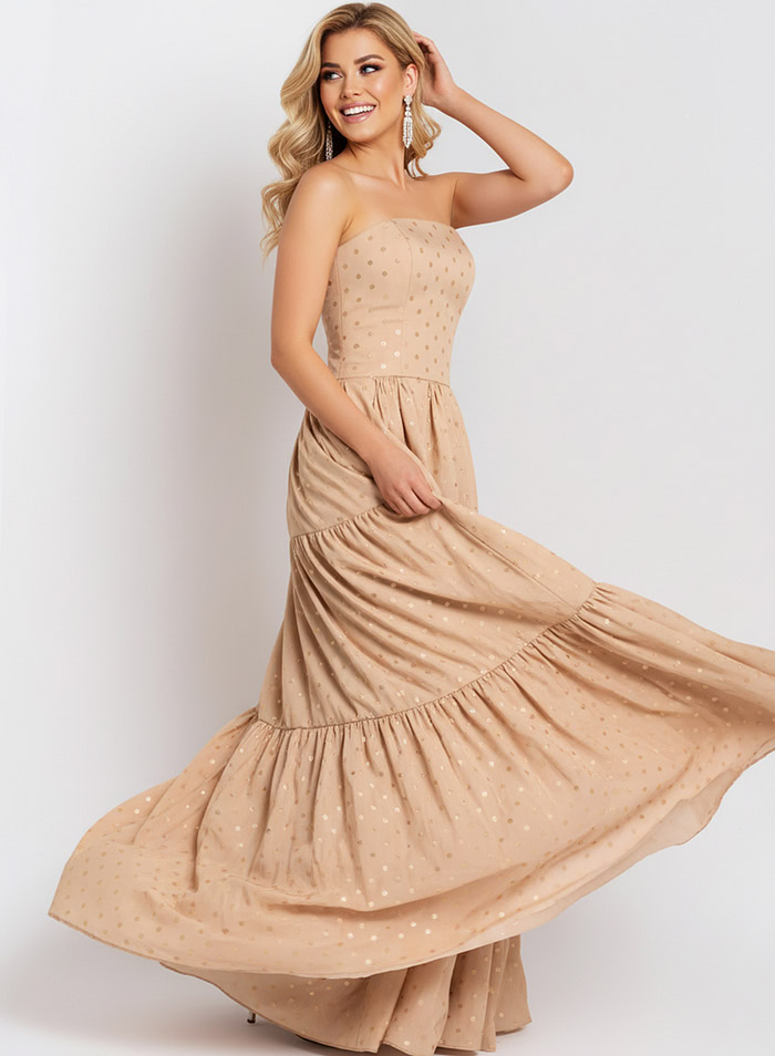 Strapless Tiered Ball Gown with Polka Dot Detail 49341
