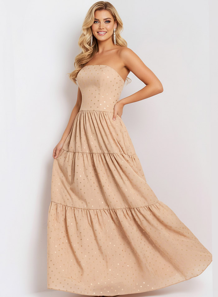 Strapless Tiered Ball Gown with Polka Dot Detail 49341