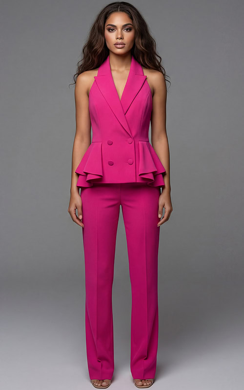 Halter vest style top with peplum detail and tailored pants front view
