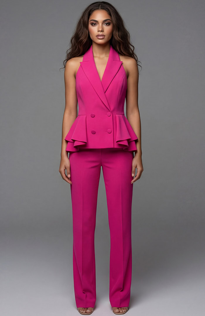 Halter vest style top with peplum detail and tailored pants front view