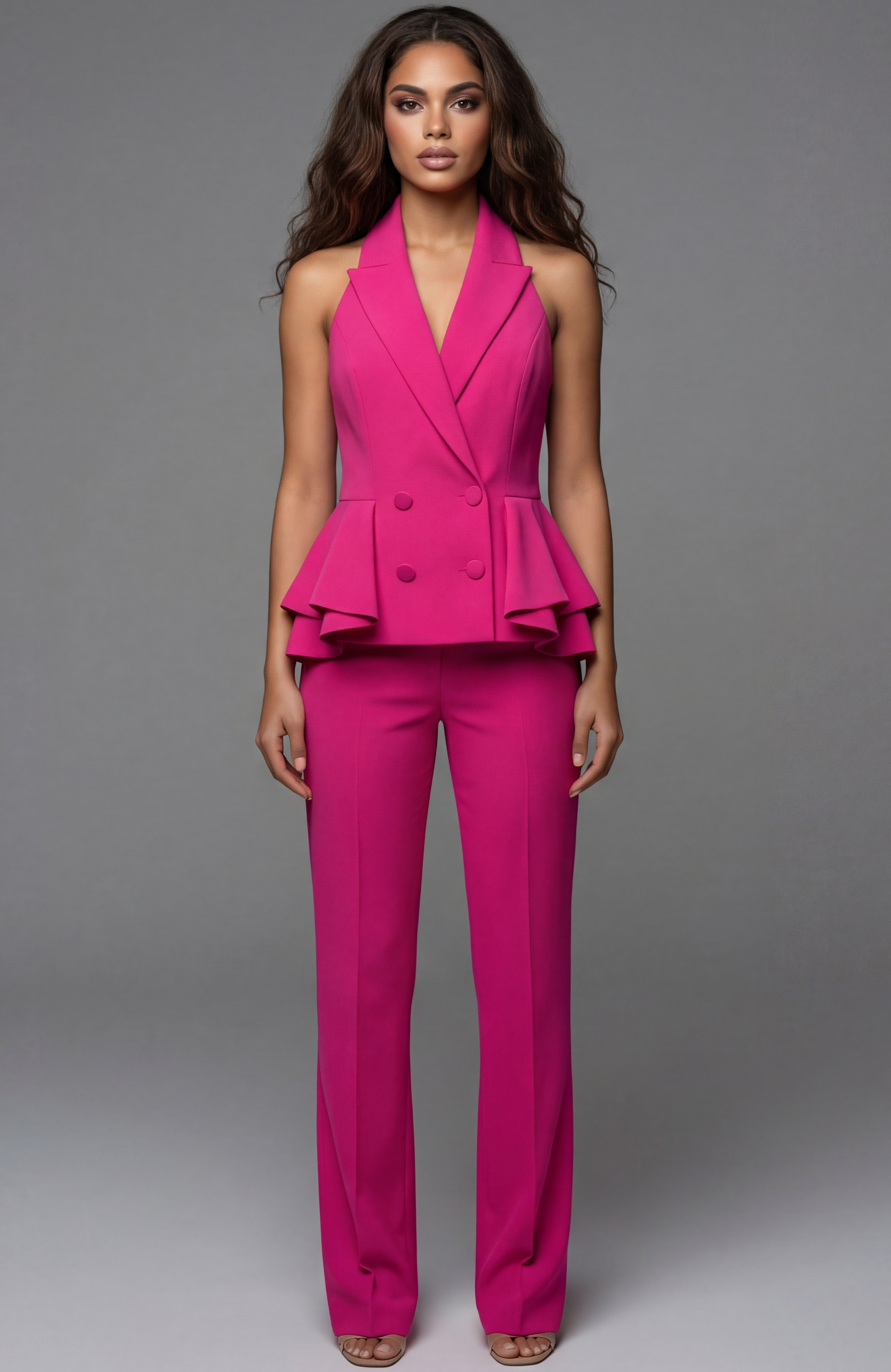 Halter vest style top with peplum detail and tailored pants front view