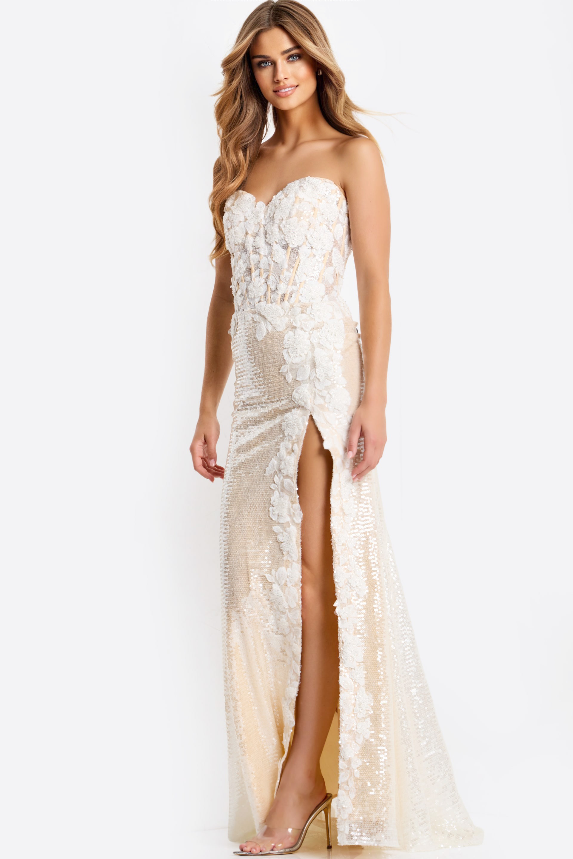 Strapless sequin prom dress with floral appliqué