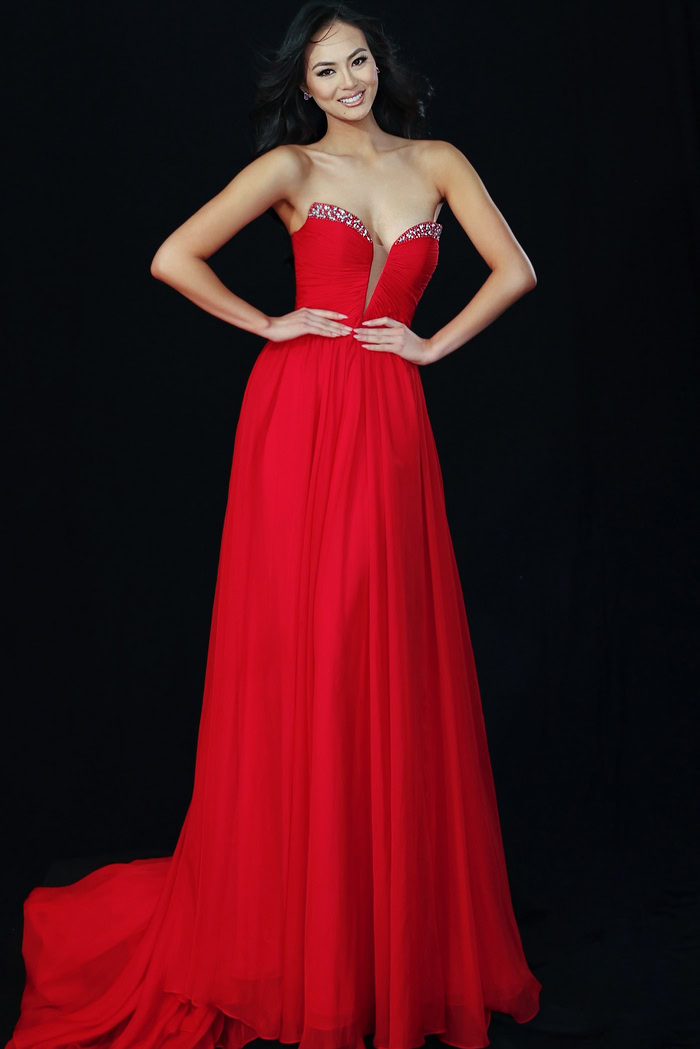 Strapless red chiffon prom dress with crystal-trimmed sweetheart neckline
