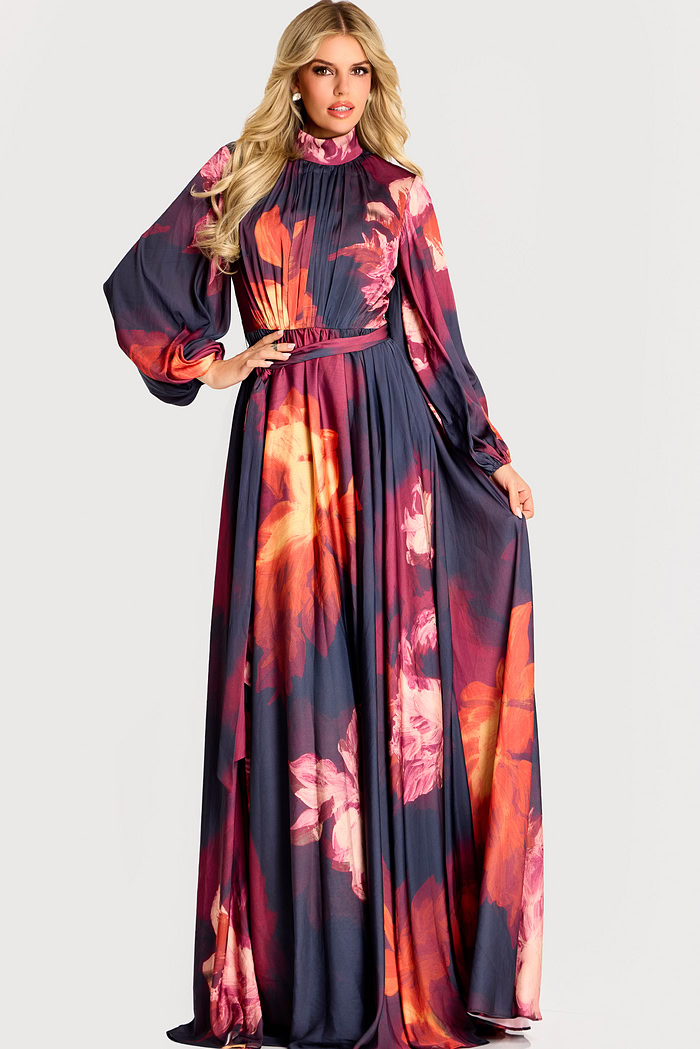 floral print long sleeves mob dress 49464
