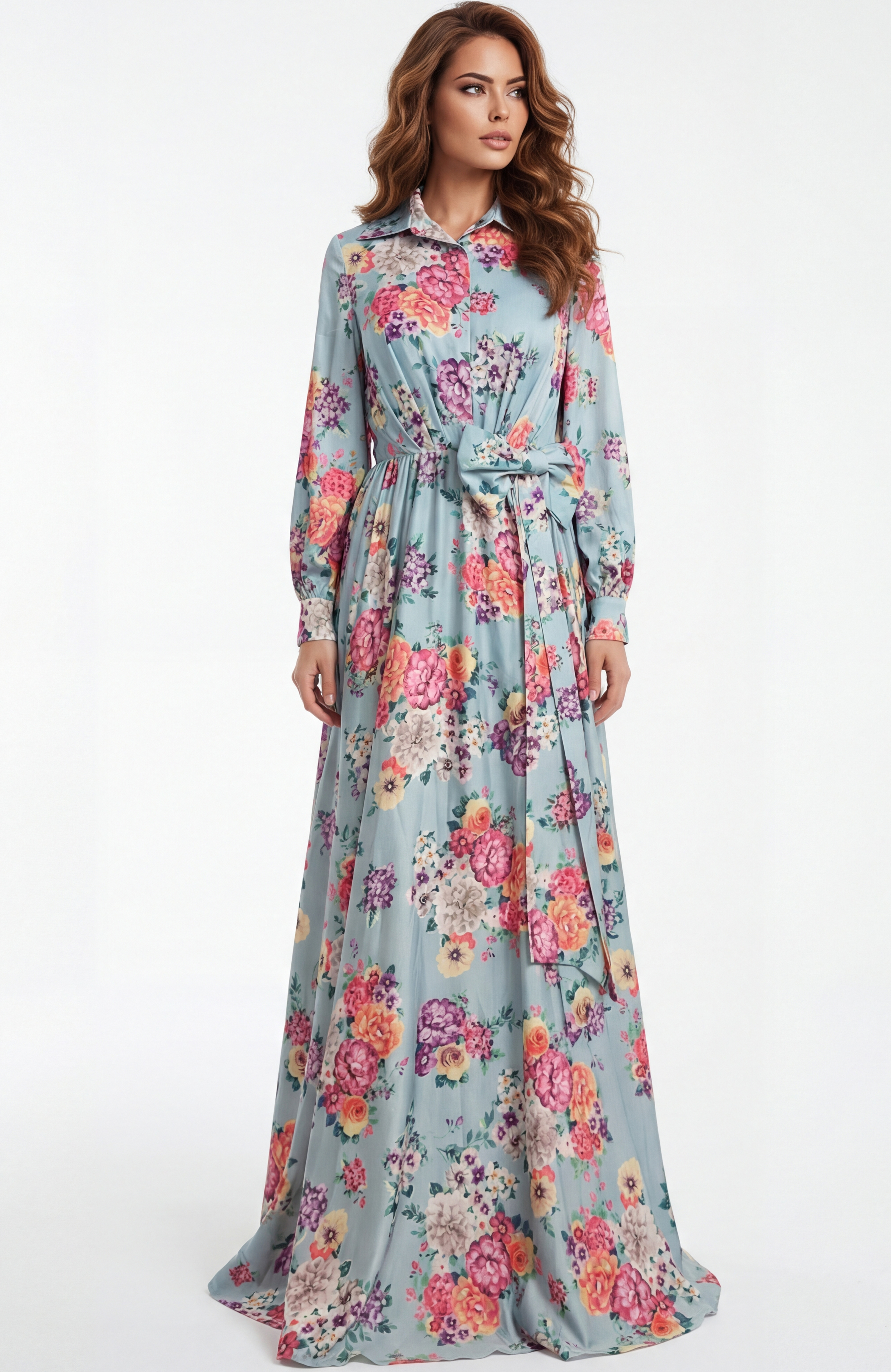 Long sleeve floral chiffon gown with button front and tied waist detail