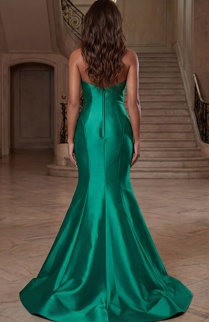 Floor length satin gown featuring smooth seams and flared trumpet hem