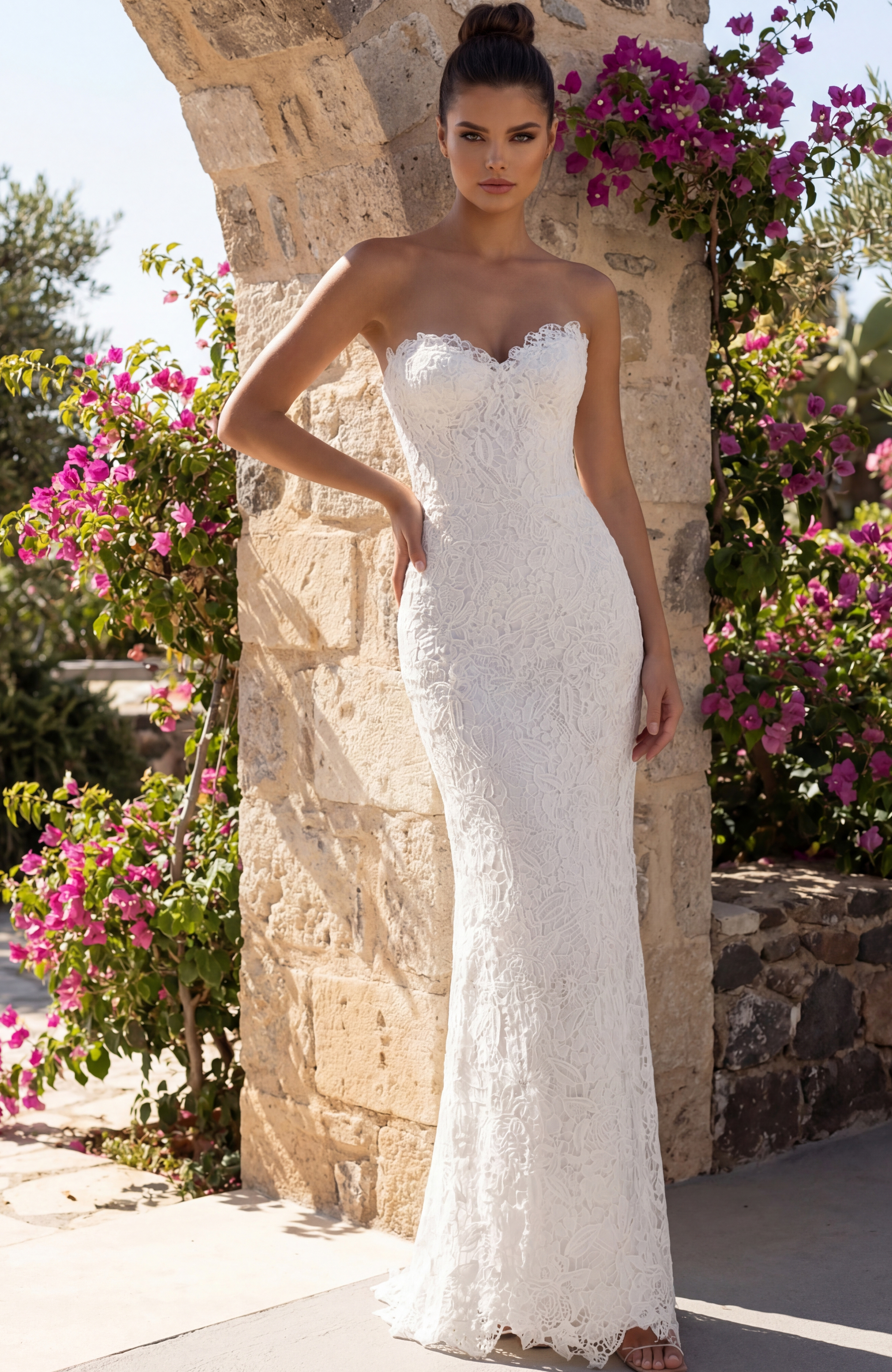 Strapless lace bridal gown with fitted column silhouette and floral texture
