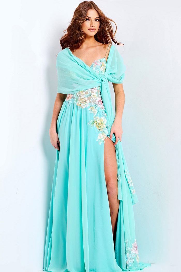 Pastel Flower Embellished Flowy Prom Gown