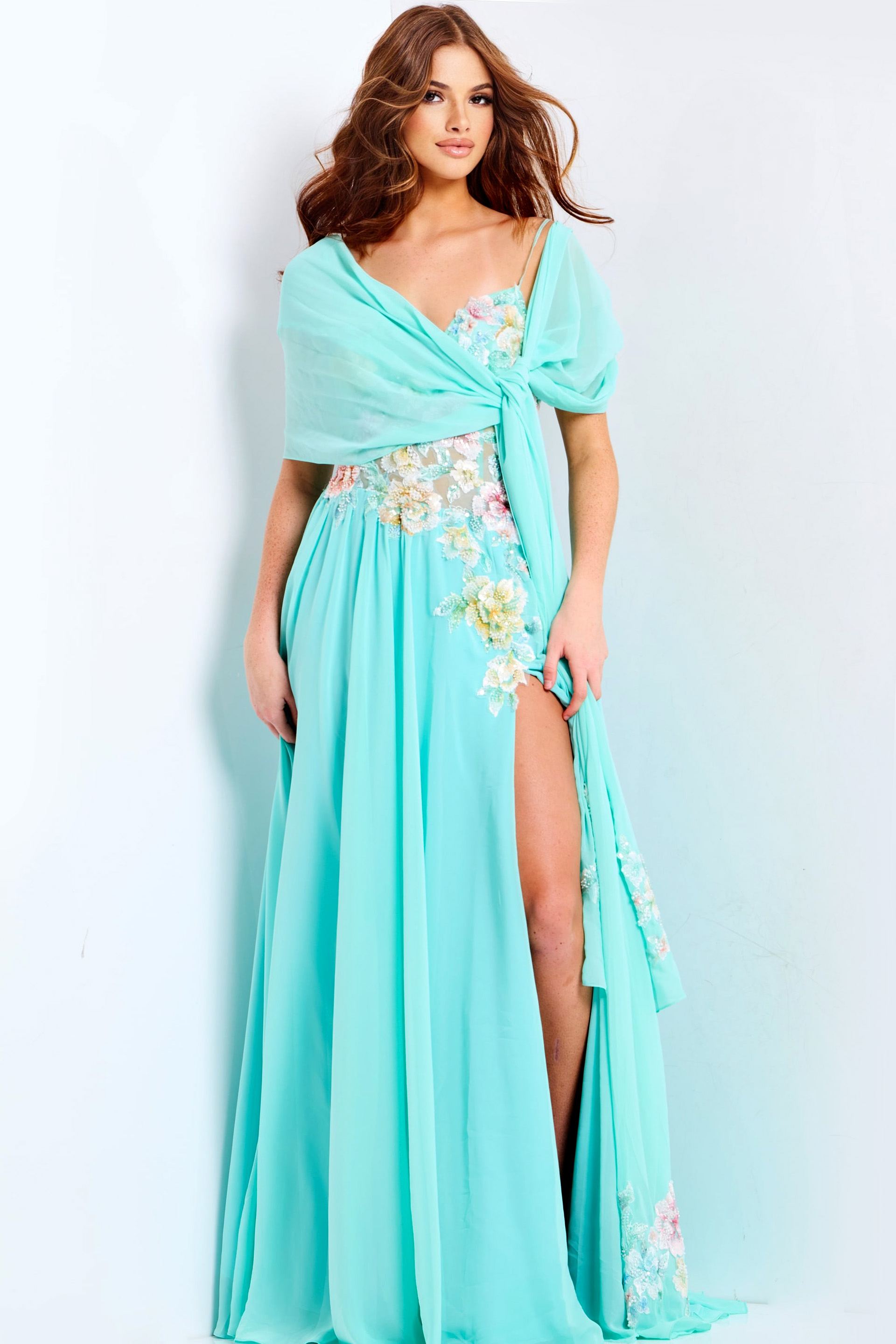 Pastel Flower Embellished Flowy Prom Gown