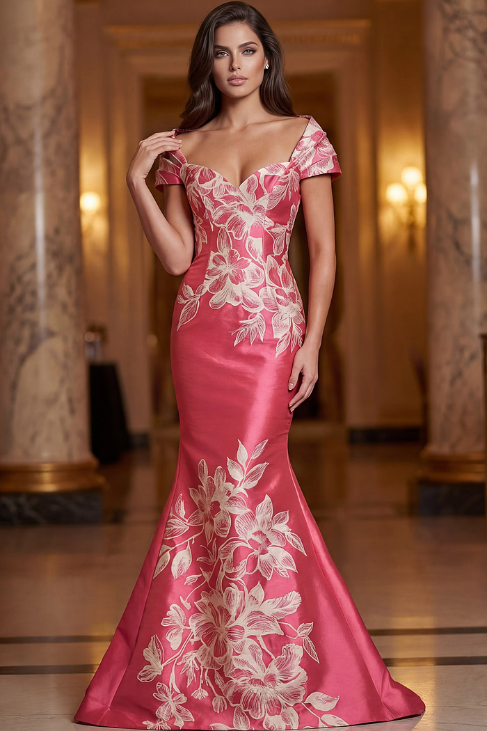 pink mermaid gown with off shoulder collar detail
