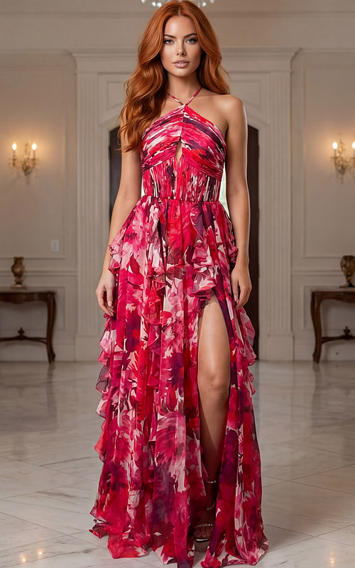 Floral halter gown with ruffled skirt