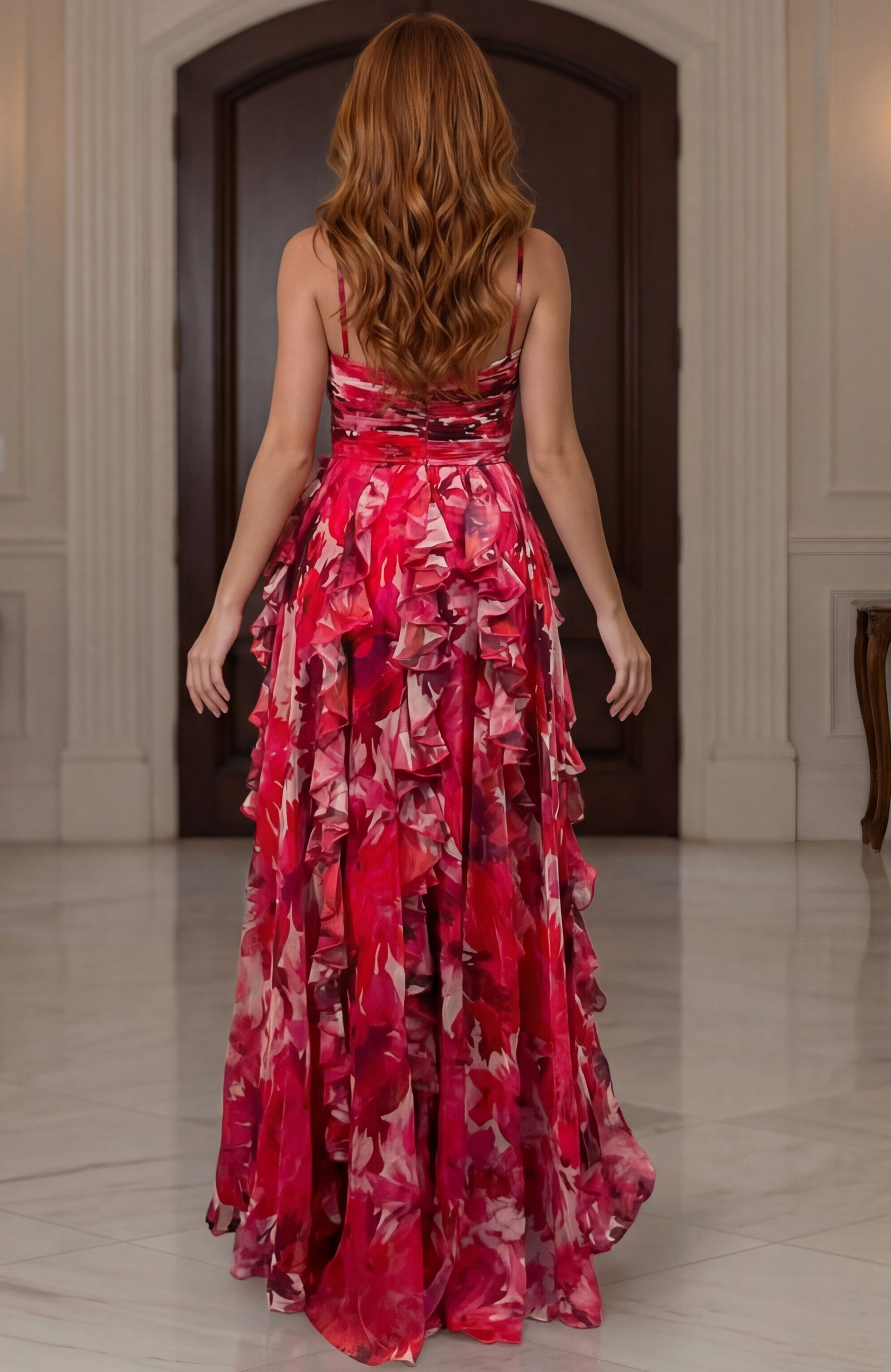 Long floral dress with keyhole bodice and slit