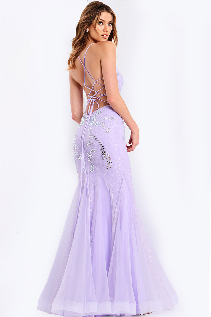 Open back lavender gown with lace-up straps and shimmer details