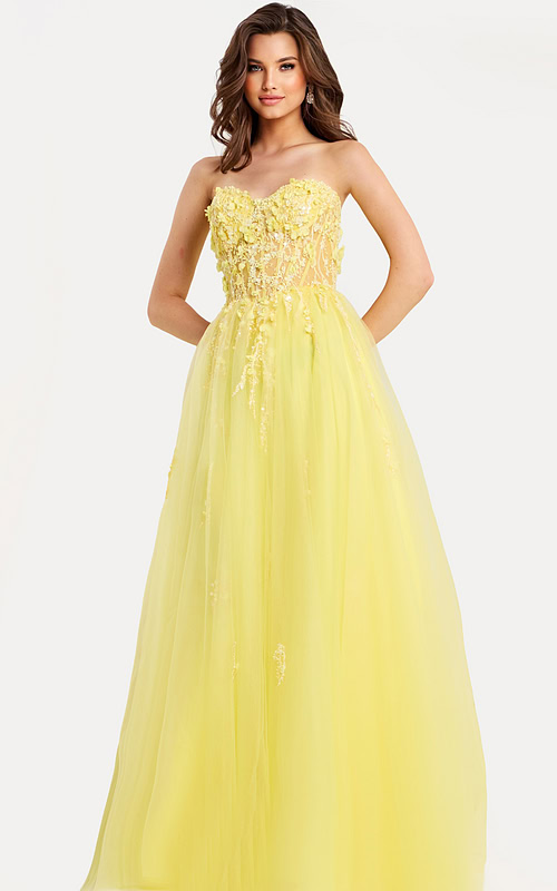 Strapless Floral Embellished Tulle Gown
