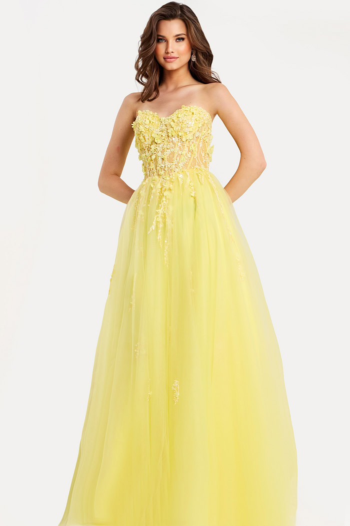 Strapless Floral Embellished Tulle Gown