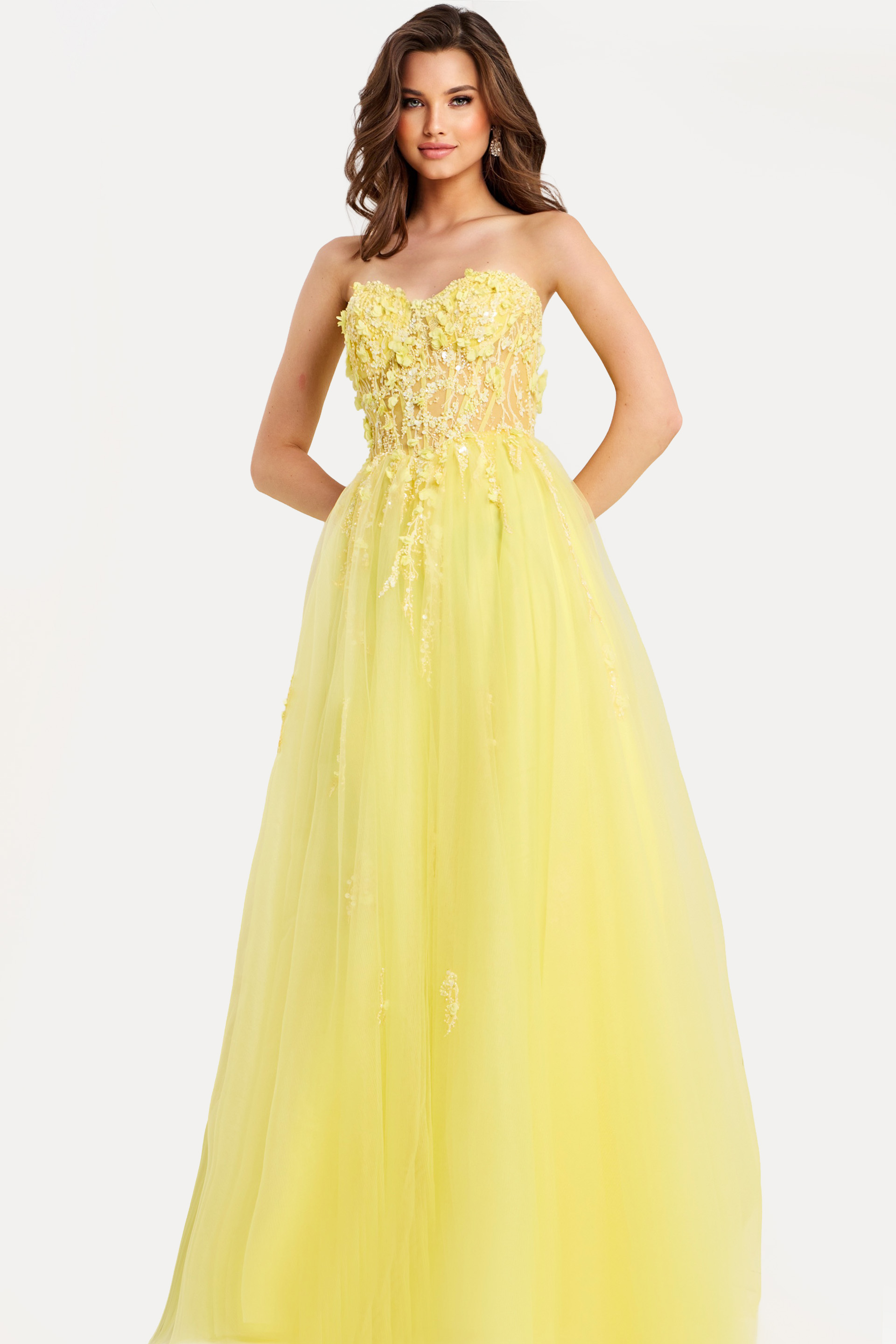 Strapless Floral Embellished Tulle Gown
