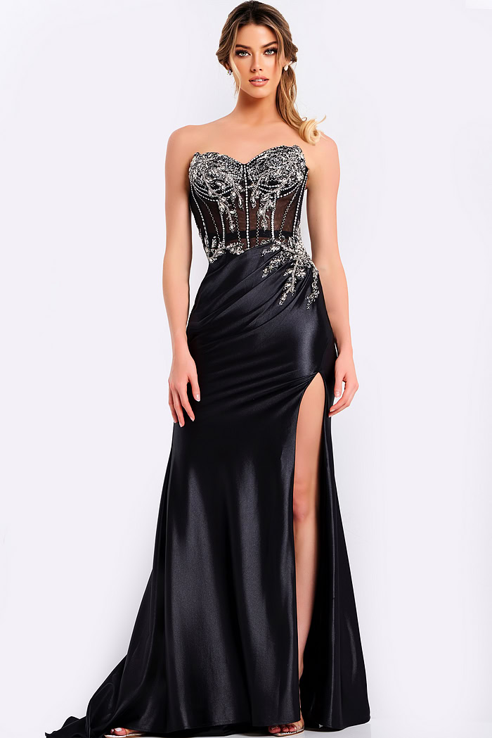 Elegant black prom dress with ruched waist and thigh-high slit