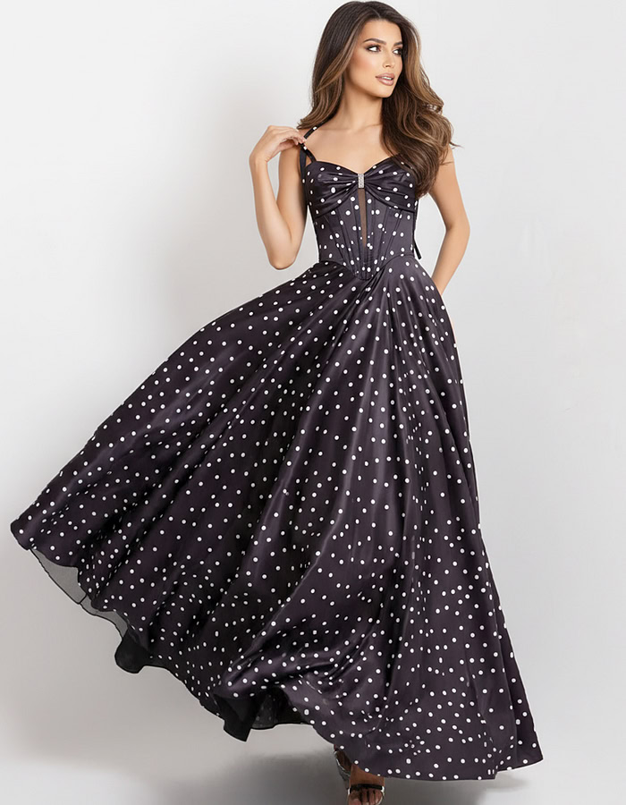 Polka Dot A-Line Gown with Lace Up Back 49774