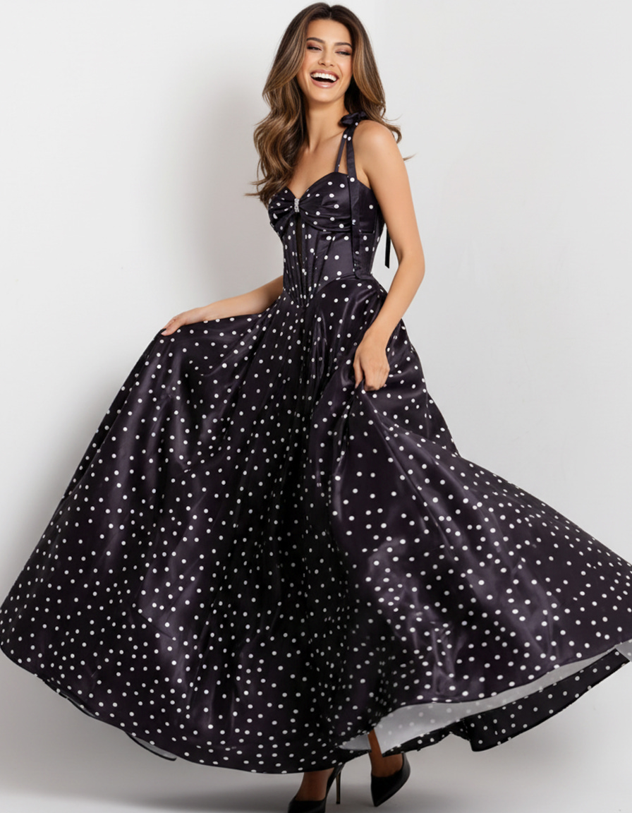 Polka Dot A-Line Gown with Lace Up Back 49774 - Image 8
