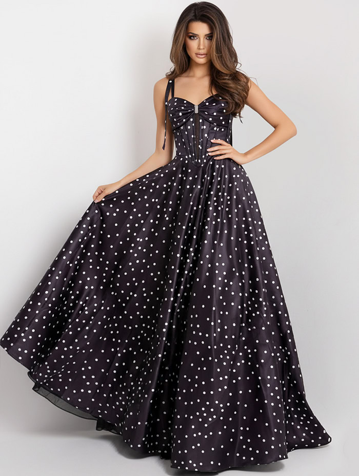 Polka Dot A-Line Gown with Lace Up Back 49774