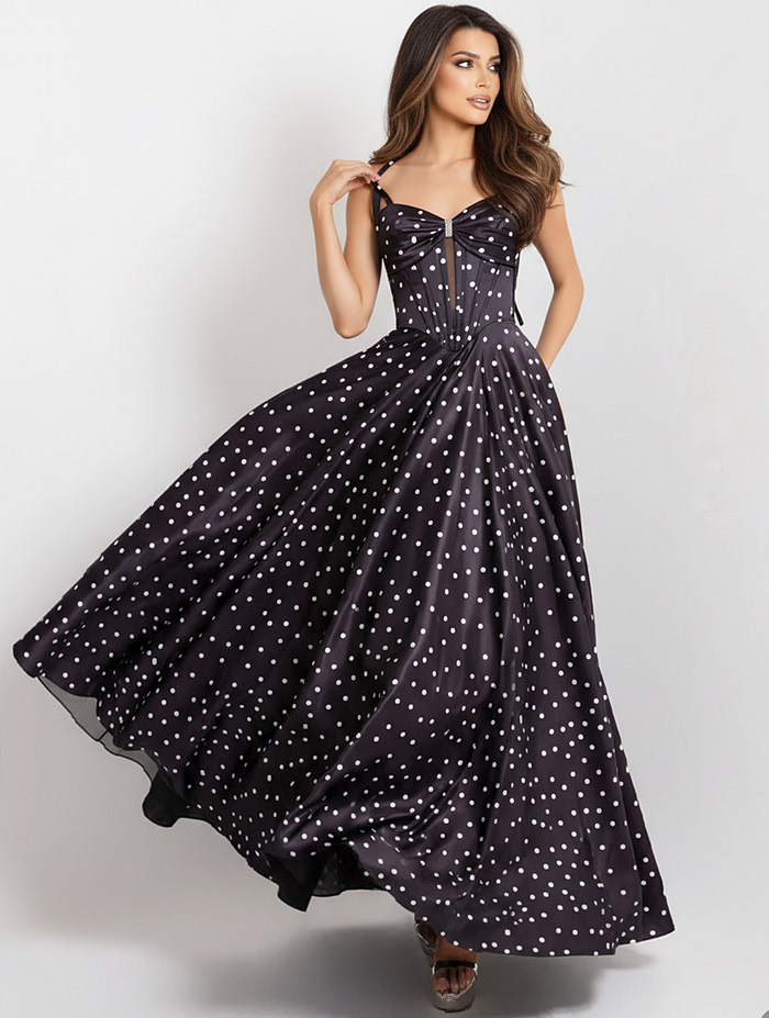 Polka Dot A-Line Gown with Lace Up Back 49774