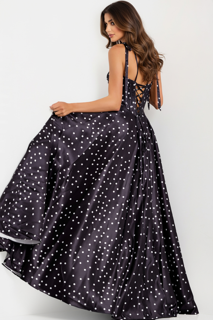 black poko dot dress with lace up back 49774
