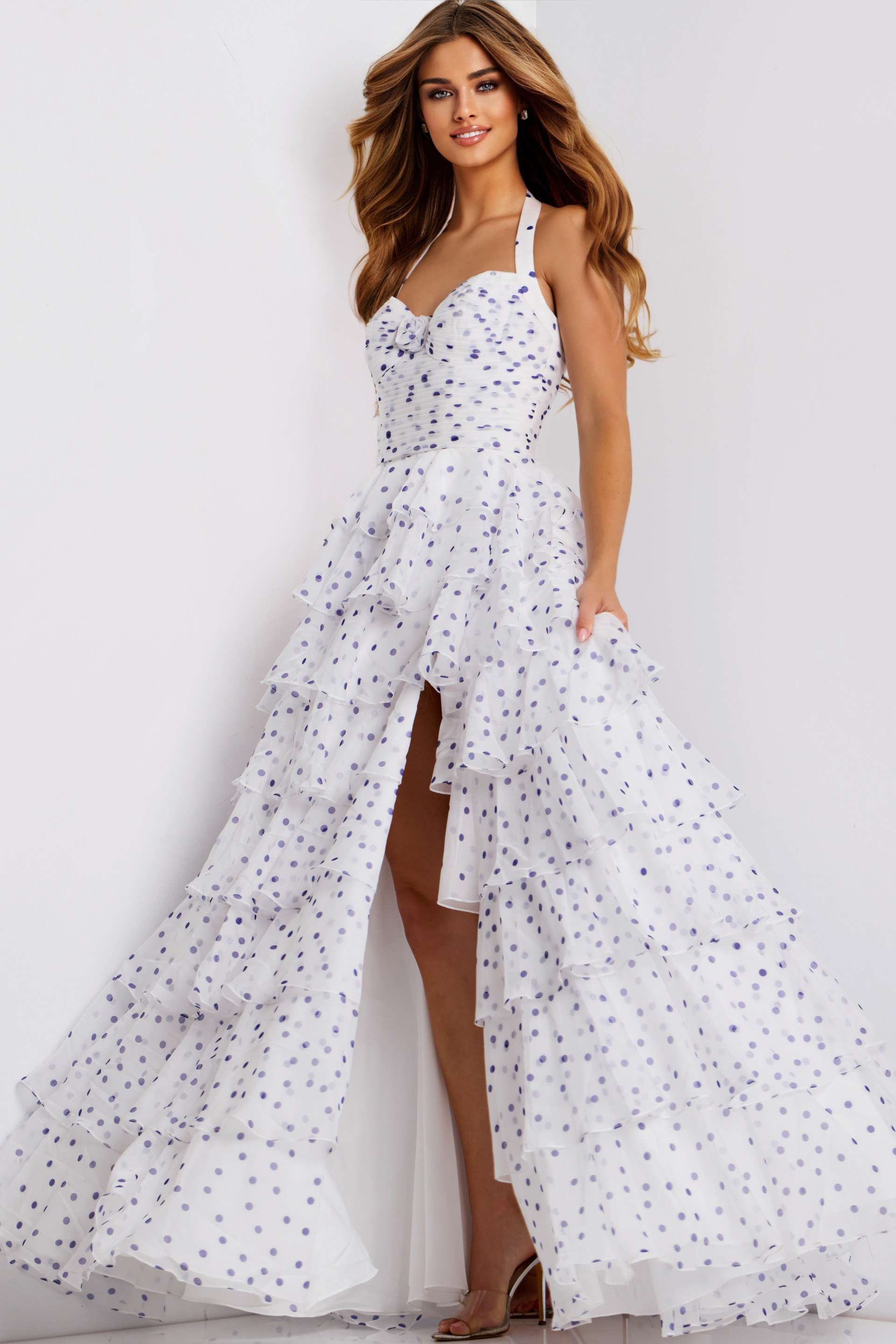 Tiered ruffle prom dress with halter neckline