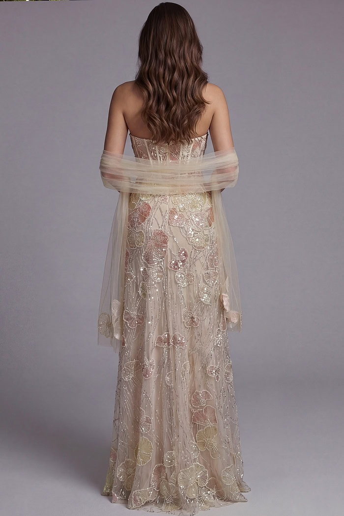 Strapless Blush Floral Embellished Gown 49882