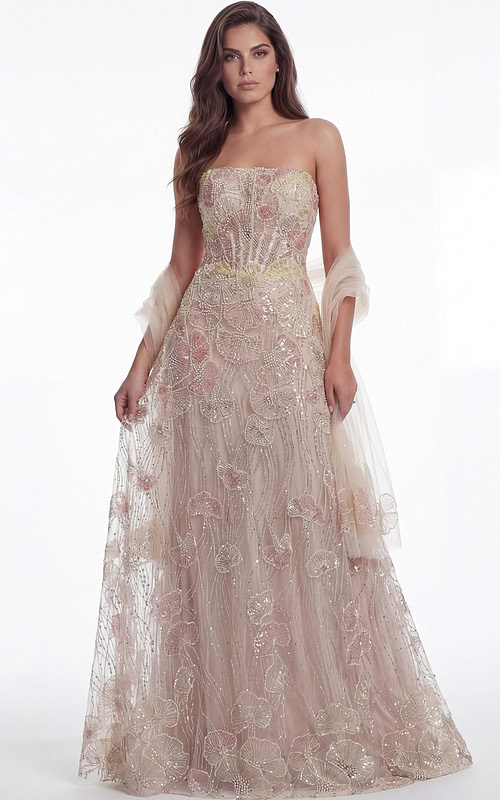 Strapless Blush Floral Embellished Gown 49882