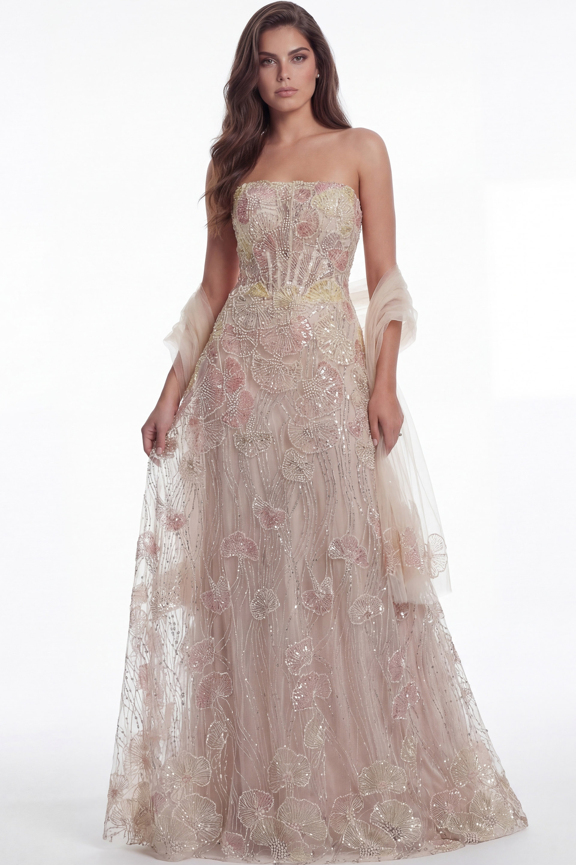 Strapless Blush Floral Embellished Gown 49882 - Image 1
