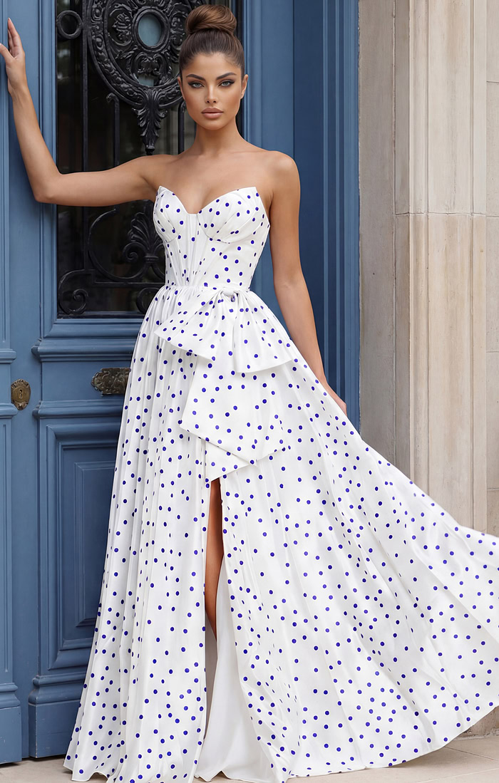 strapless poko dot dress with bow detail 49899
